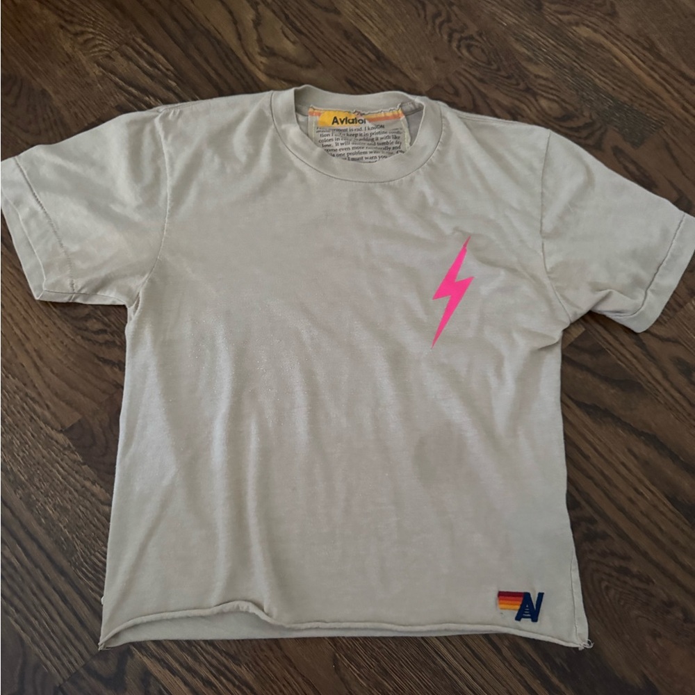 Aviator Nation Cream/light brown Tee with Pink Lightning Bolt